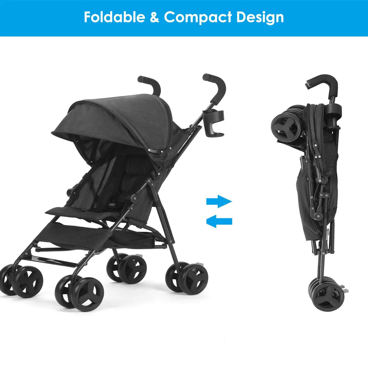Travel Stroller Lightweight Foldable Portable Pushchair with Reclining Seat, Storage Basket and Canopy Black