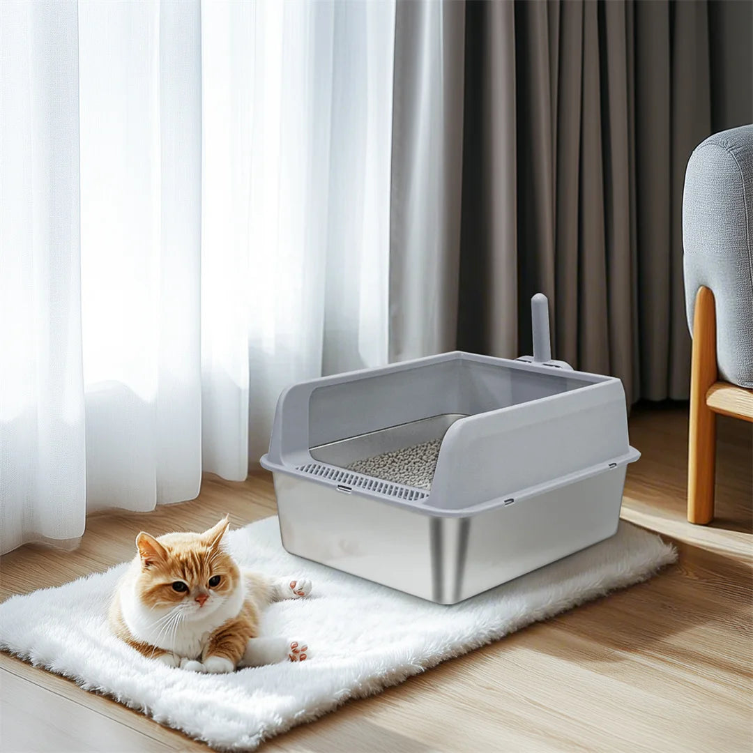 Stainless Steel Cat Litter Box Large Semi closed Metal Cat Litter Pan Tray with Spoon for Cats 59x33x29cm