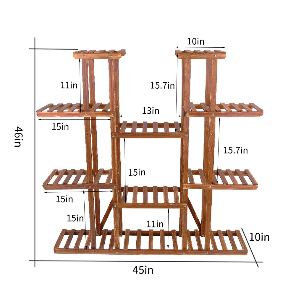 Plant Stand 11 Tier Carbonized Wood Flower Pot Display Shelf Indoor Outdoor Garden Rack Brown 116x115cm