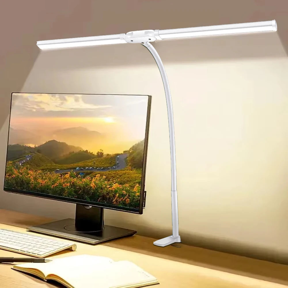 LED Desk Lamp Double Head Architect Office Light Eye Caring Stepless Dimmable Adjustable Gooseneck Study Work Lamp White