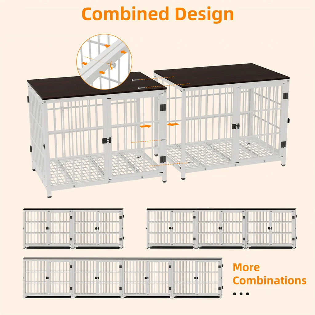Dog Crate Furniture Style Pet Kennel Wooden End Table with 3 Doors Removable Tray Indoor Cage for Small Medium Large Dogs White 107.5x71.5x81cm