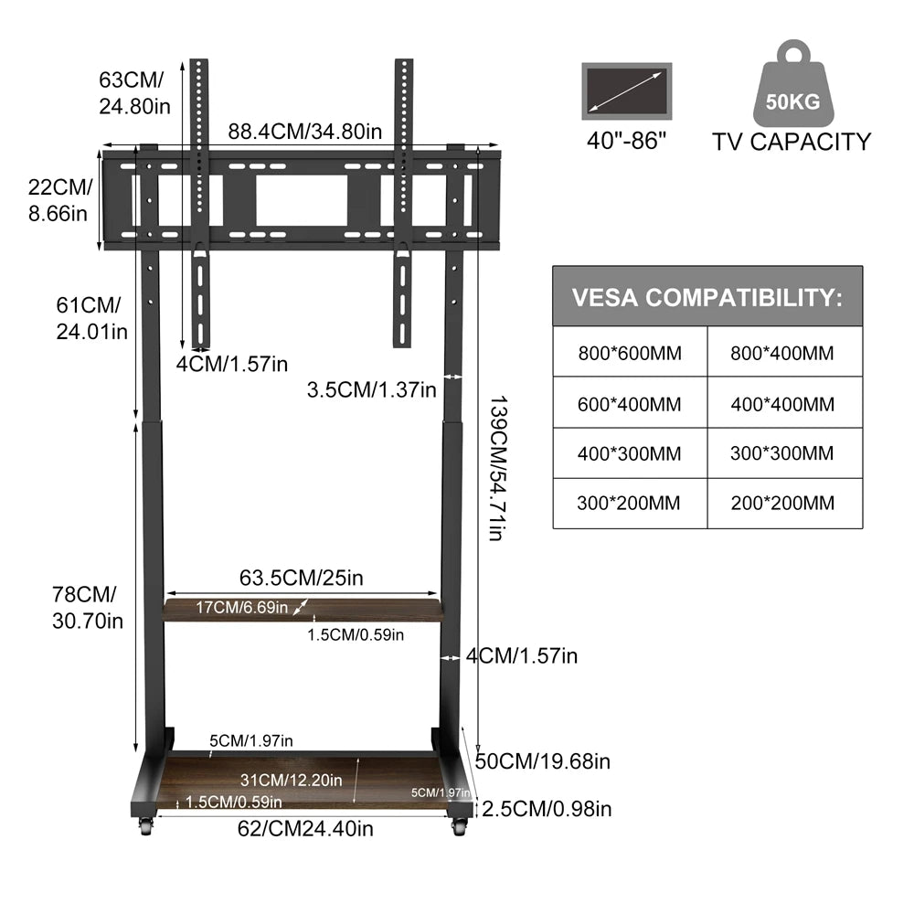 Mobile TV Stand with Shelves and Wheels Height Adjustable TV Cart for 40-100 Inch TVs Black and Wood 62x50x139cm