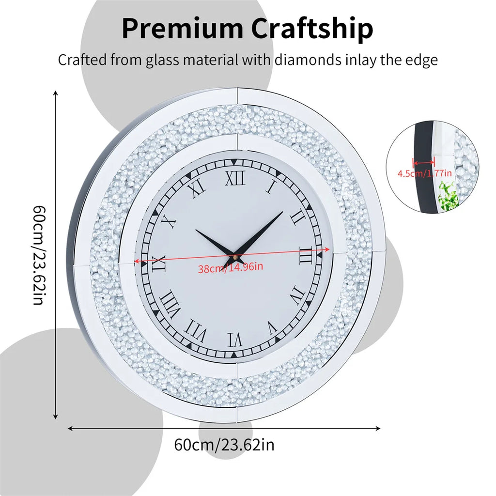 Mirror Wall Clock 60cm Crystal Crush Diamond Round Decorative Clock Silver Bling Wall Clock