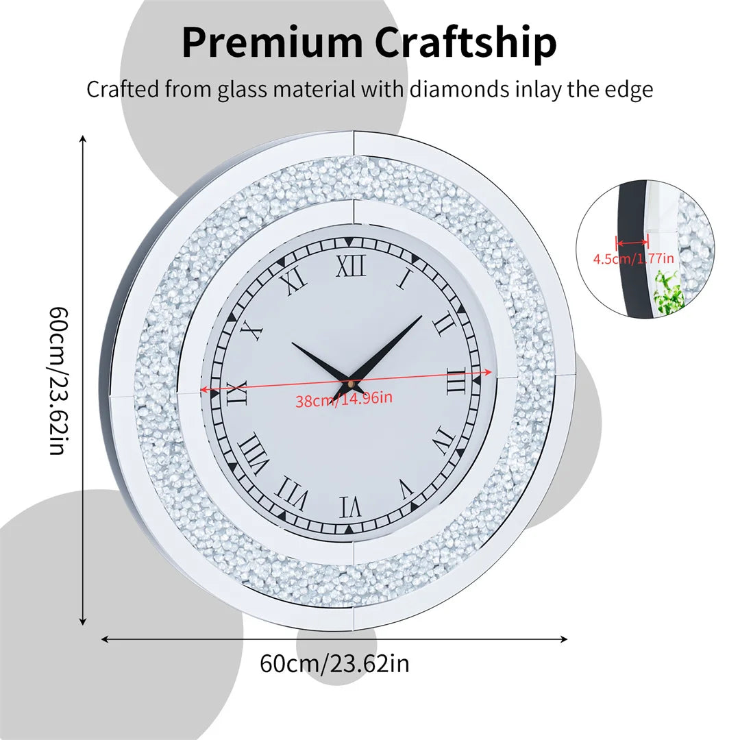 Mirror Wall Clock 60cm Crystal Crush Diamond Round Decorative Clock Silver Bling Wall Clock