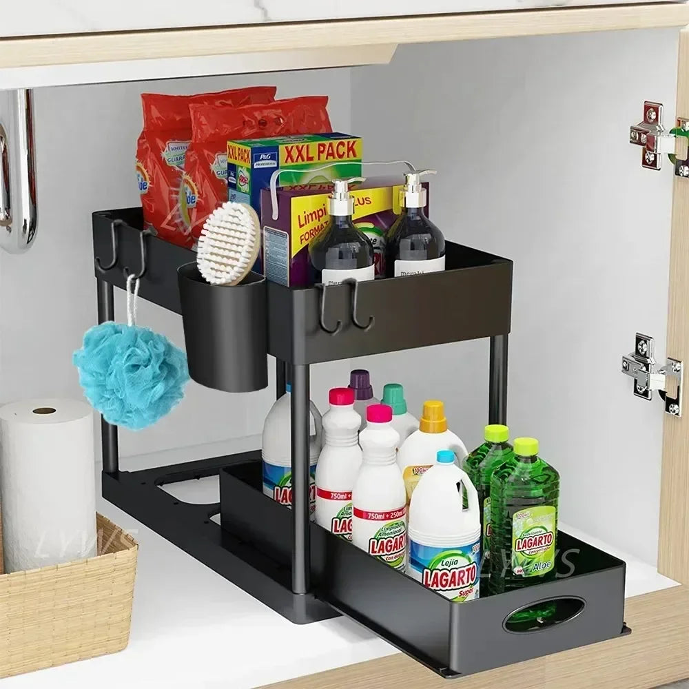 2 Tier Under Sink Organizer Sliding Cabinet Storage Rack Basket with Hooks Hanging Cup Bathroom Kitchen Organizer Black