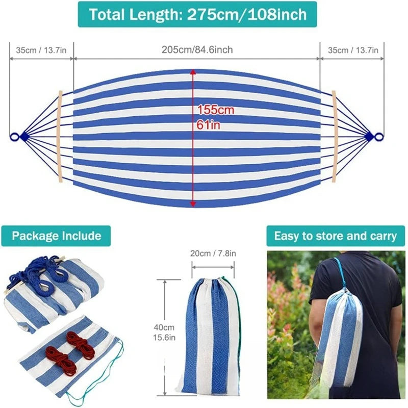 Canvas Double Camping Hammock with Curved Wooden Poles Blue 220 x 150 cm