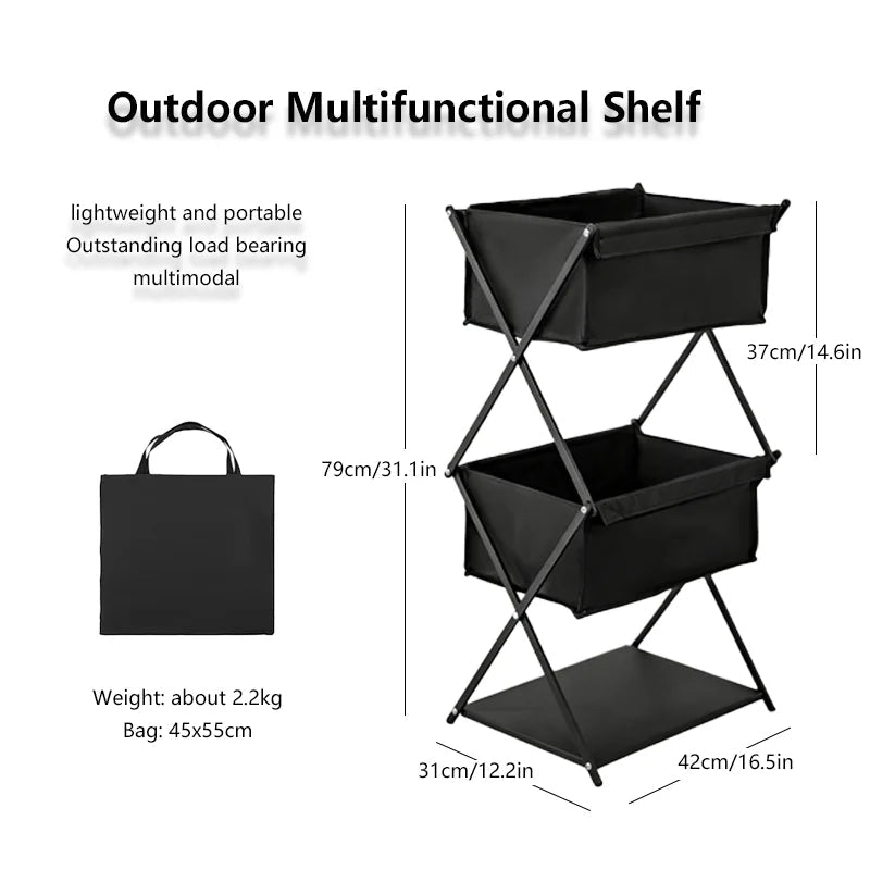 3 Layer Folding Camping Storage Rack Outdoor BBQ Shelf Multifunctional Portable Organiser Stand Black 31 × 42 × 79cm
