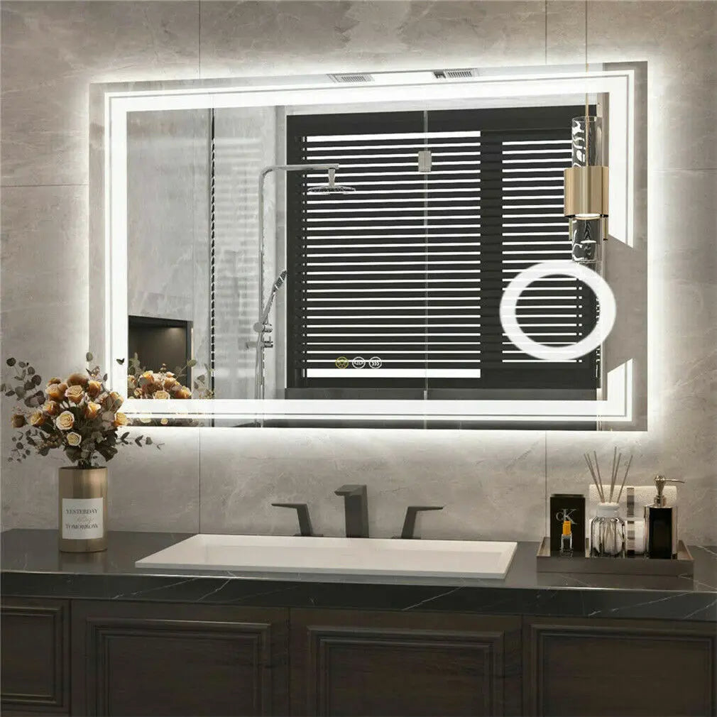 LED Bathroom Mirror Round Touch Screen Waterproof Anti Fog Vanity Mirror Wall Mounted for Wash Basin Shower Grooming 70x90cm
