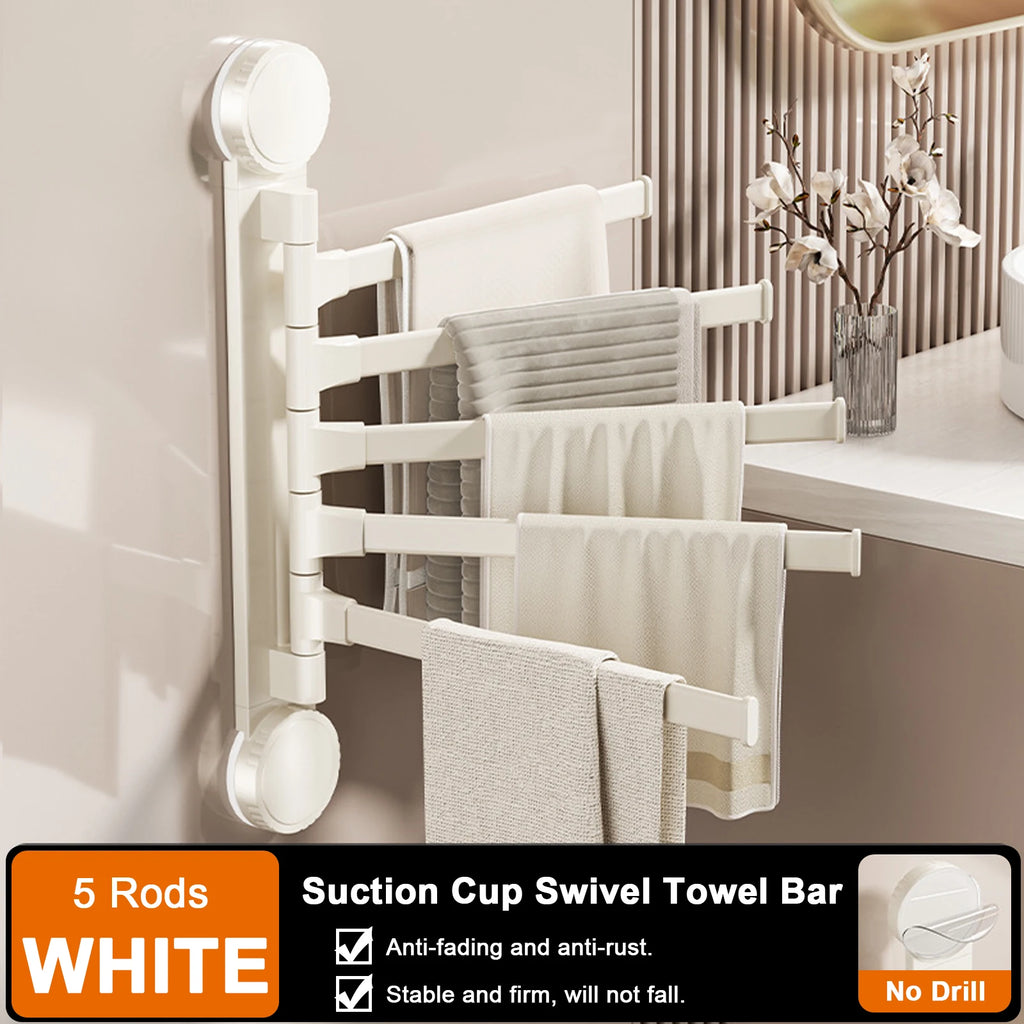 5 Tier Rotatable Suction Cup Towel Rack Aluminium Towel Holder Wall Mounted Kitchen Bathroom Hanger White Storage