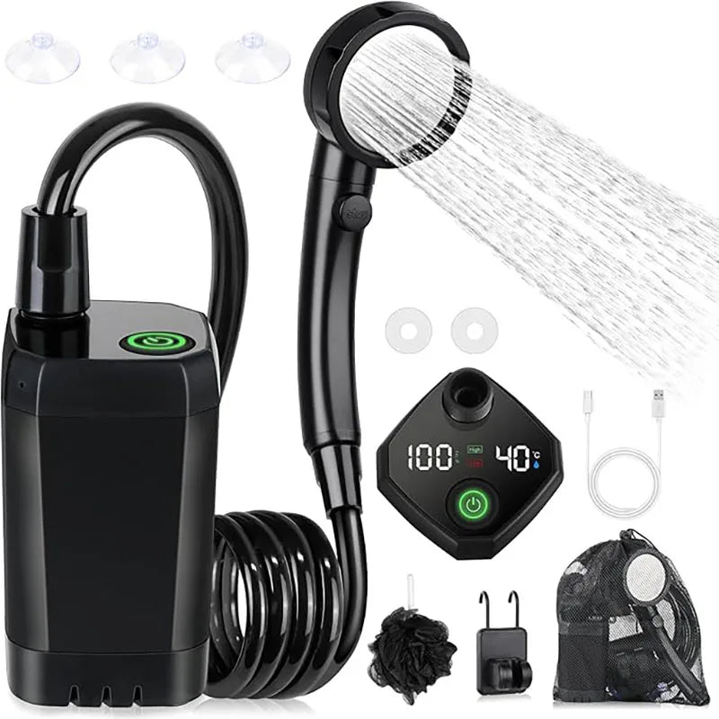 Portable Camping Shower Pump 6000mAh Rechargeable Electric Shower with LED Display Head Outdoor RV Black