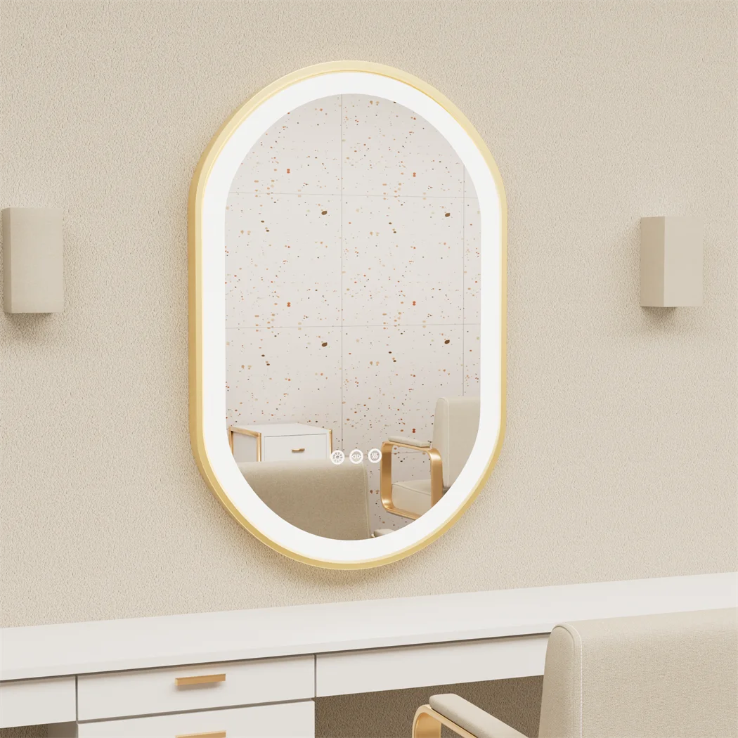 LED Bathroom Mirror Round Touch Screen Waterproof Anti Fog Vanity Mirror Wall Mounted for Wash Basin Shower Grooming 80x50cm