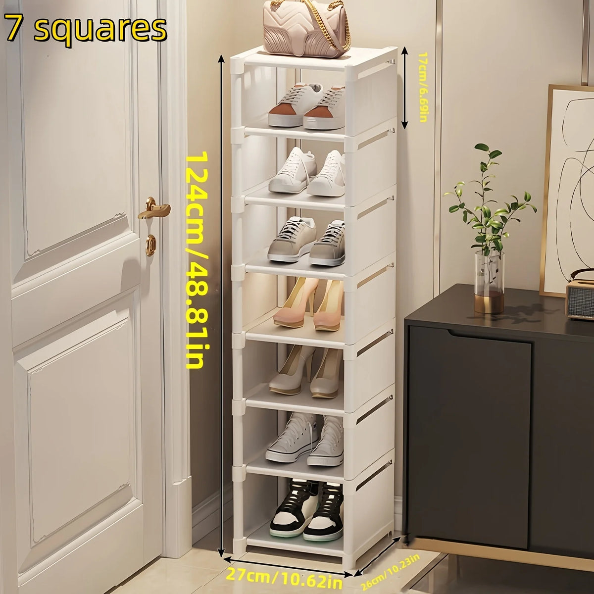 Metal Frame Shoe Rack Multi Tier Fabric Shelves Space Saving Sneaker Sandal Storage Organizer Entryway White 7 Grid 124cm