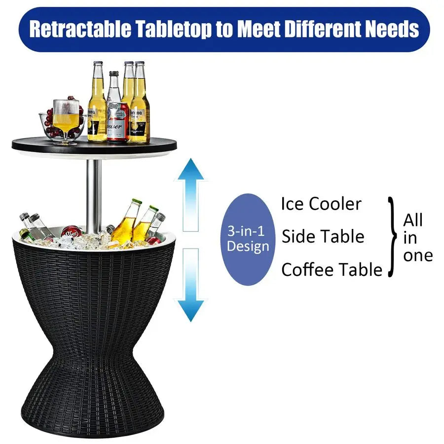 Bar Table Cooler 30L Ice Cooler Table Rattan Style Patio Bar Height Adjustable With Drainage Black 48x48x57/83cm Adjustable