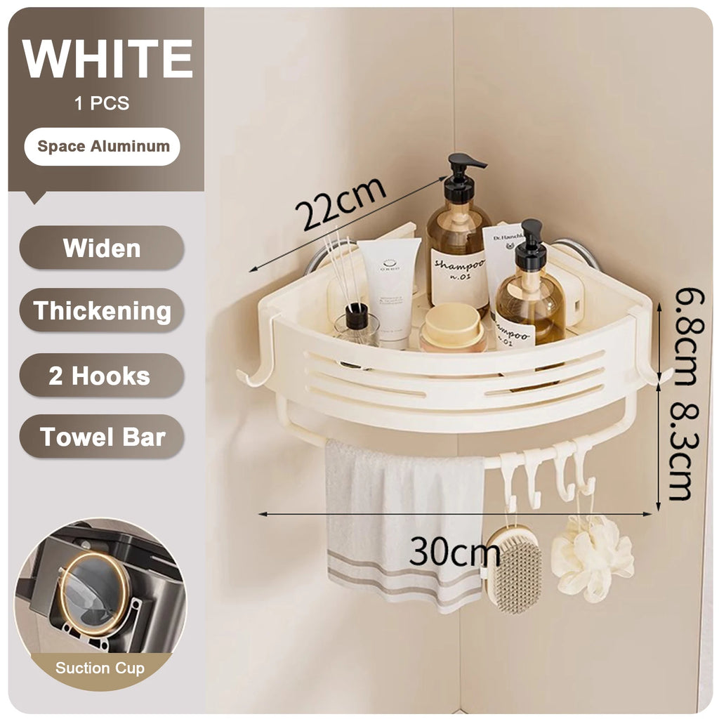 Pro Shower Corner Bathroom Shelf with Towel Holder Hooks Suction Cup Wall Mounted Space Aluminium Rack White 30 × 22 × 8.3cm