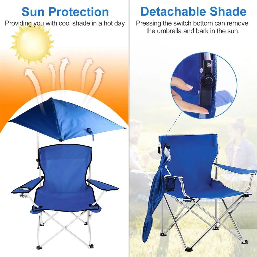 Folding Beach Chair Camp Chair Outdoor Chair for Adults With Adjustable Umbrella & Carrying Bag Blue -