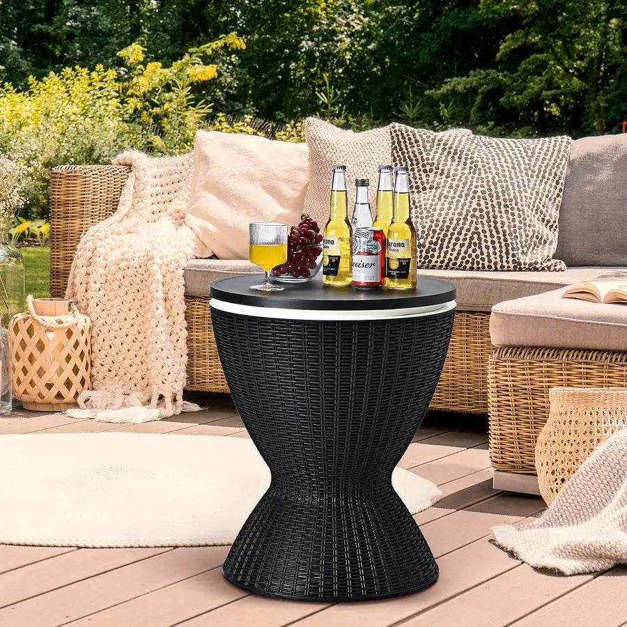 Bar Table Cooler 30L Ice Cooler Table Rattan Style Patio Bar Height Adjustable With Drainage Black 48x48x57/83cm Adjustable