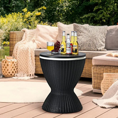 Bar Table Cooler 30L Ice Cooler Table Rattan Style Patio Bar Height Adjustable With Drainage Black 48x48x57/83cm Adjustable