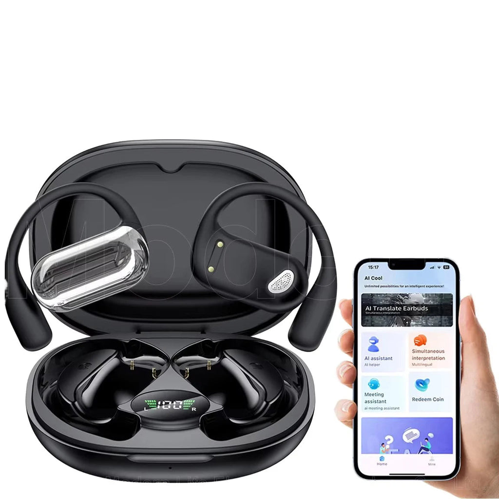 AI Real Time Translator Earbuds 144 Languages & Accents Wireless OWS Headphones 3 in 1 Language Translation Business Black