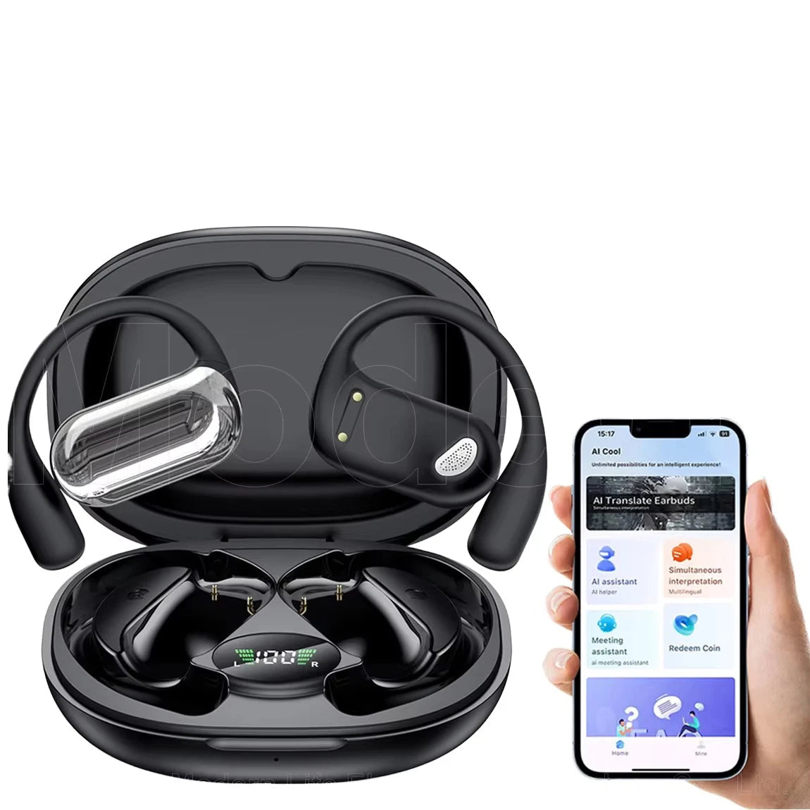 AI Real Time Translator Earbuds 144 Languages & Accents Wireless OWS Headphones 3 in 1 Language Translation Business Black