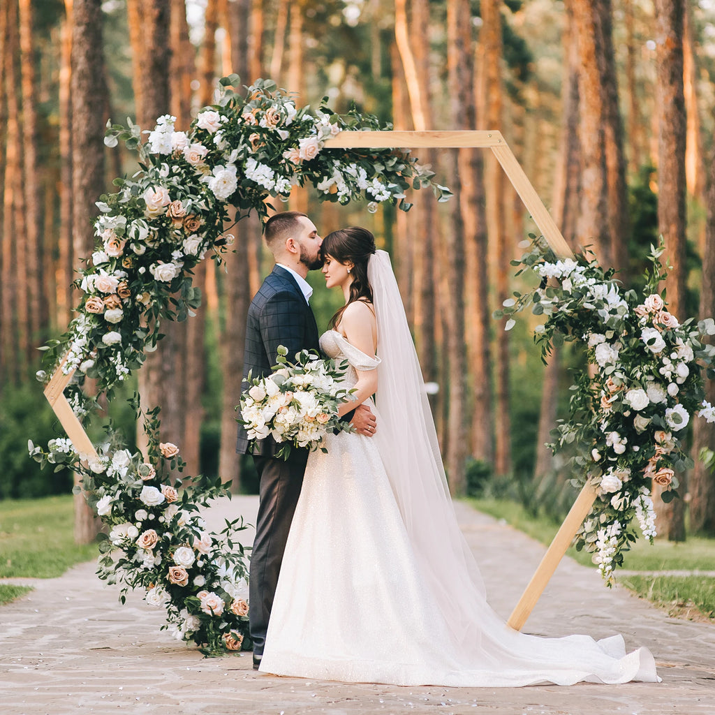 Wedding Arch Frame Hexagon Stand Natural Wood Heavy Duty Ceremony and Photo Backdrop Natural 245x210cm