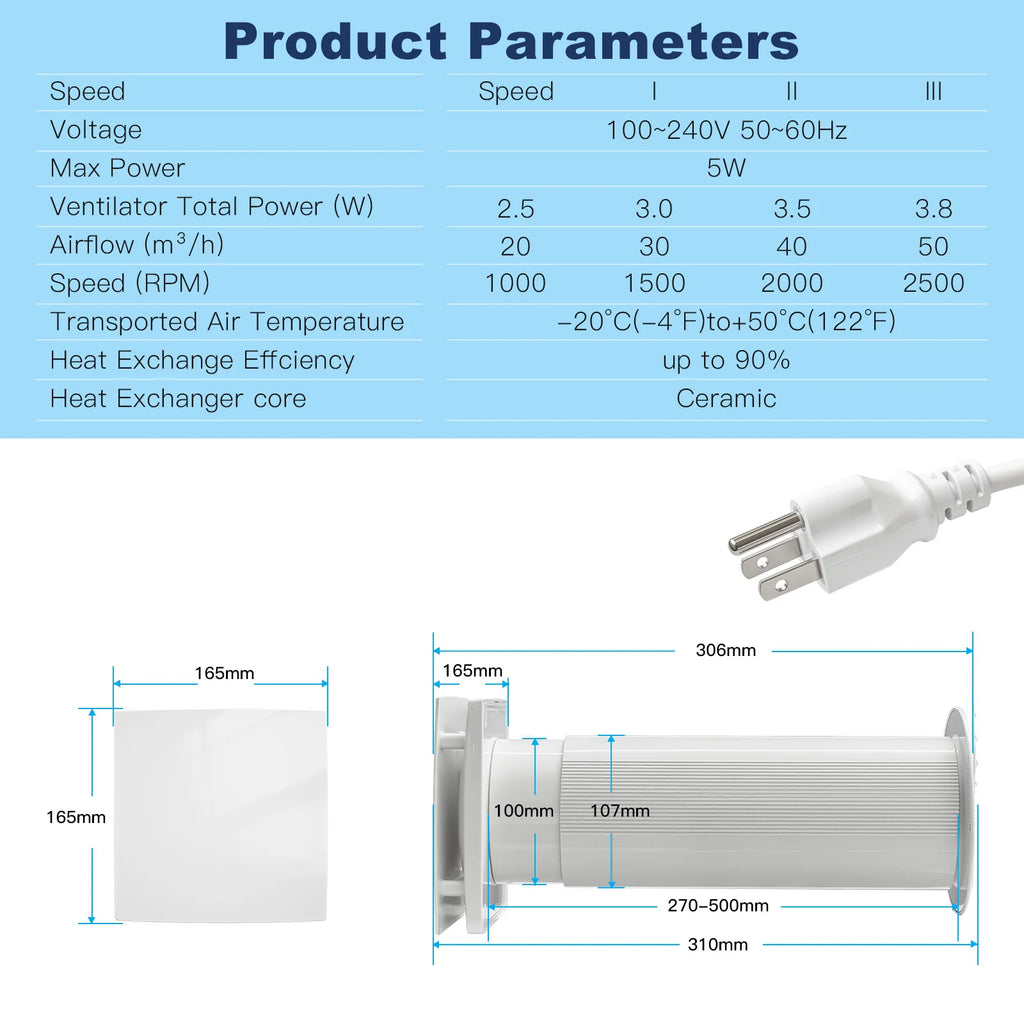 VT100 Heat Recovery Ventilation System HRV Recuperator Wireless WiFi Control Air Ventilator Energy Recovery Unit AU 31×16.5×16.5cm