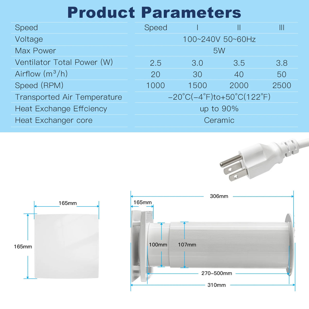 VT100 Heat Recovery Ventilation System HRV Recuperator Wireless WiFi Control Air Ventilator Energy Recovery Unit AU 31×16.5×16.5cm