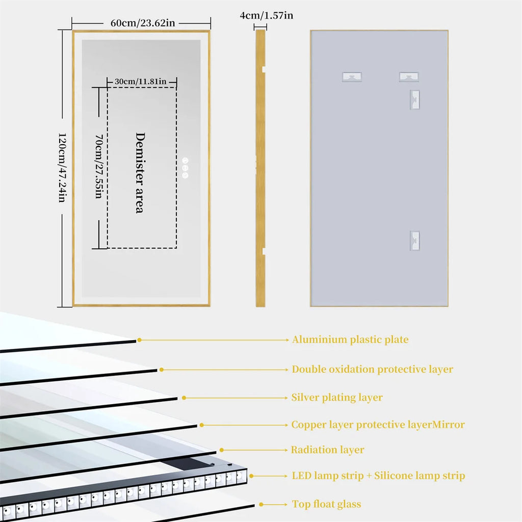 Illuminated LED Bathroom Mirror 60x120cm Gold Frame Anti Fog 3 Color Dimming Wall Mounted Vanity Mirror