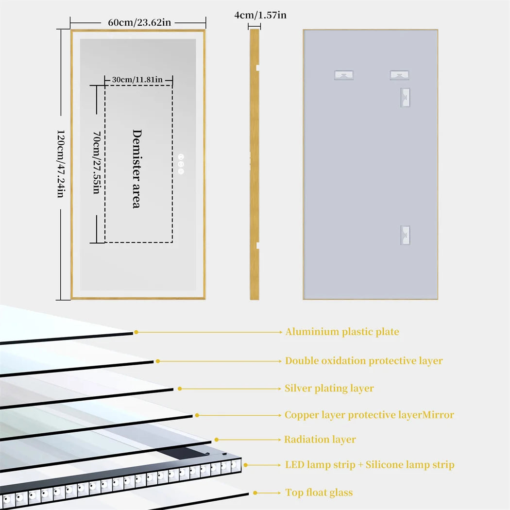 Illuminated LED Bathroom Mirror 60x120cm Gold Frame Anti Fog 3 Color Dimming Wall Mounted Vanity Mirror