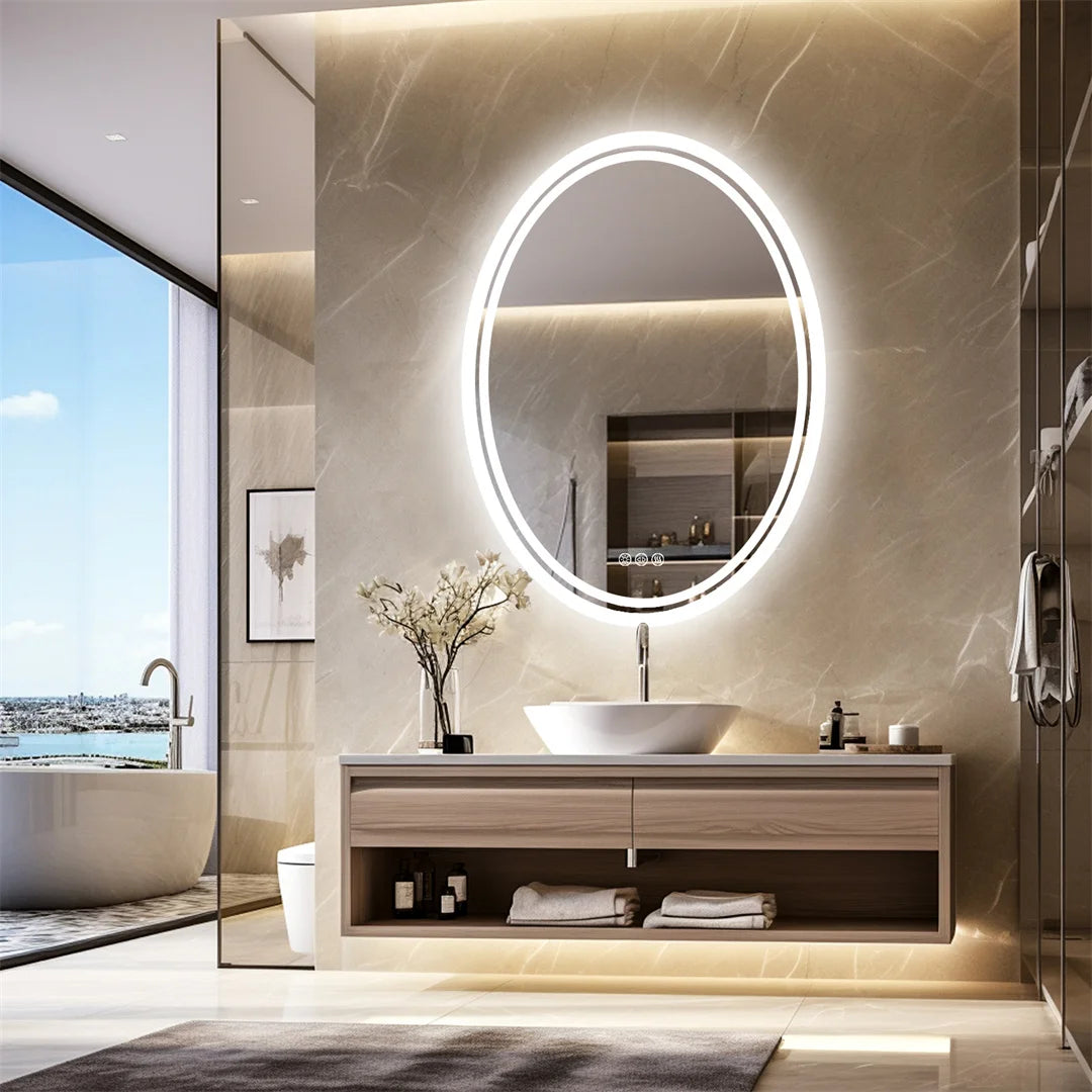 LED Bathroom Mirror Round Touch Screen Waterproof Anti Fog Vanity Mirror Wall Mounted for Wash Basin Shower Use 80x60cm