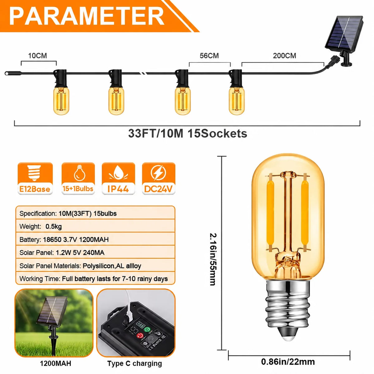 Outdoor Solar String Lights E12 Glass T22 Amber LED Retro Bulbs Waterproof Patio Garden Backyard Bistro Lights 10m 15 Bulbs