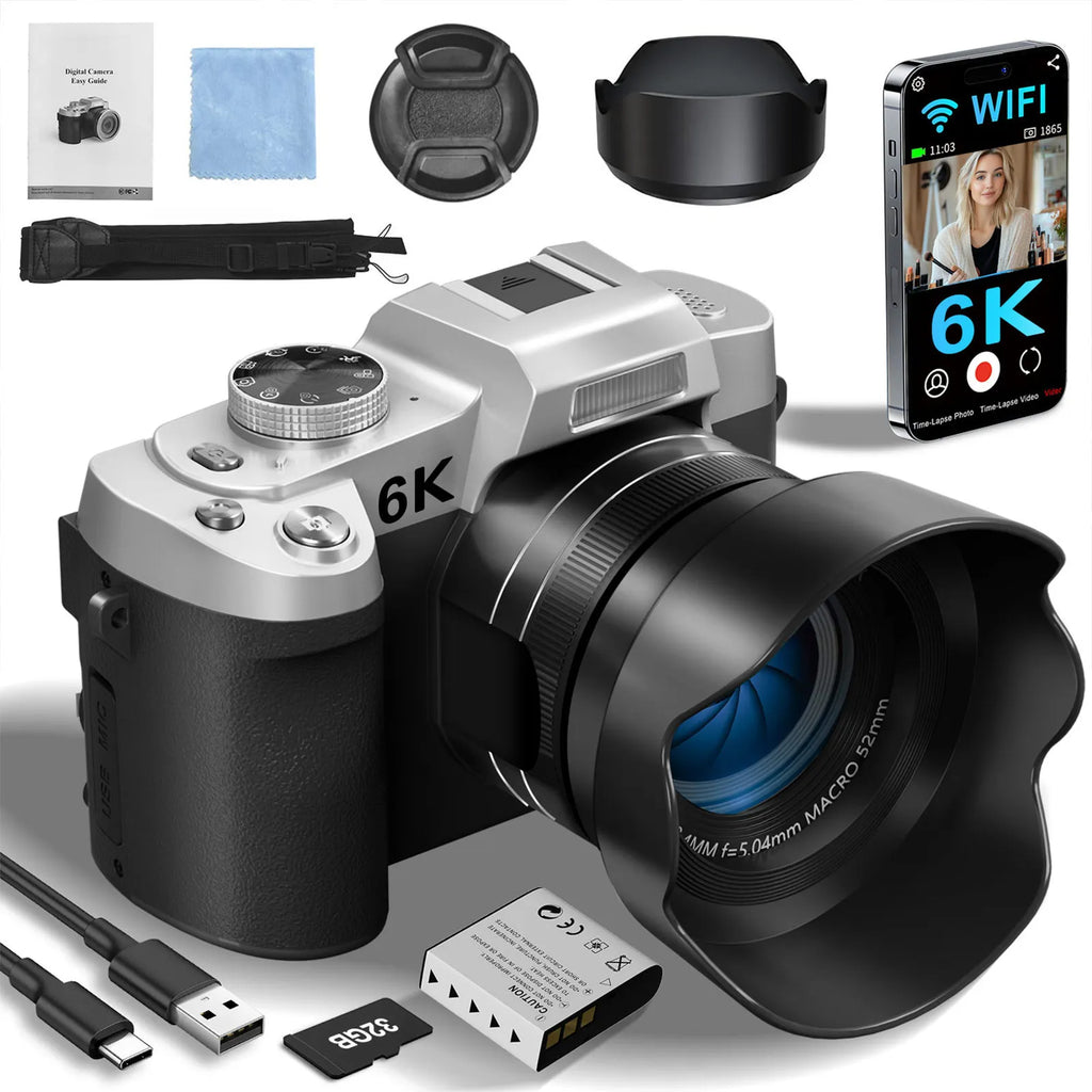 6K Digital Camera 84MP Vlogging Camera with Autofocus Anti Shake 3 Inch Flip Screen Flash and 32GB Memory Card
