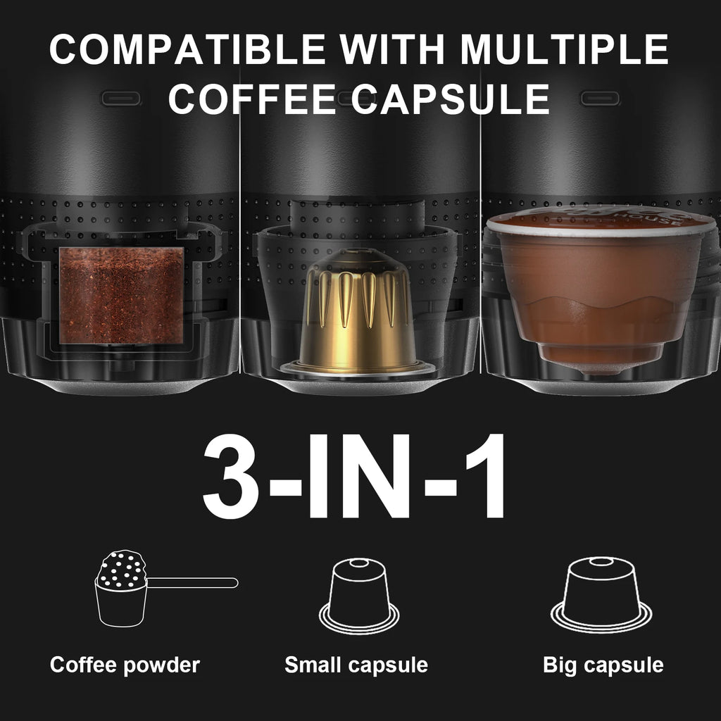 Wireless Portable Espresso Coffee Machine 3-in-1 Capsule Powder Coffee Maker for Car Home Camping Travel Black 2.0 with Bag 8.3×25.1cm