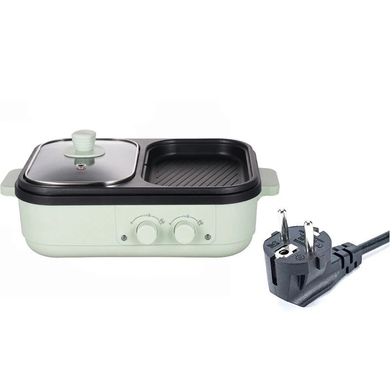 Electric Shabu Pot and Grill 2-in-1 Non-Stick Multi Cooker for BBQ, Steak, Ramen and Noodles Green