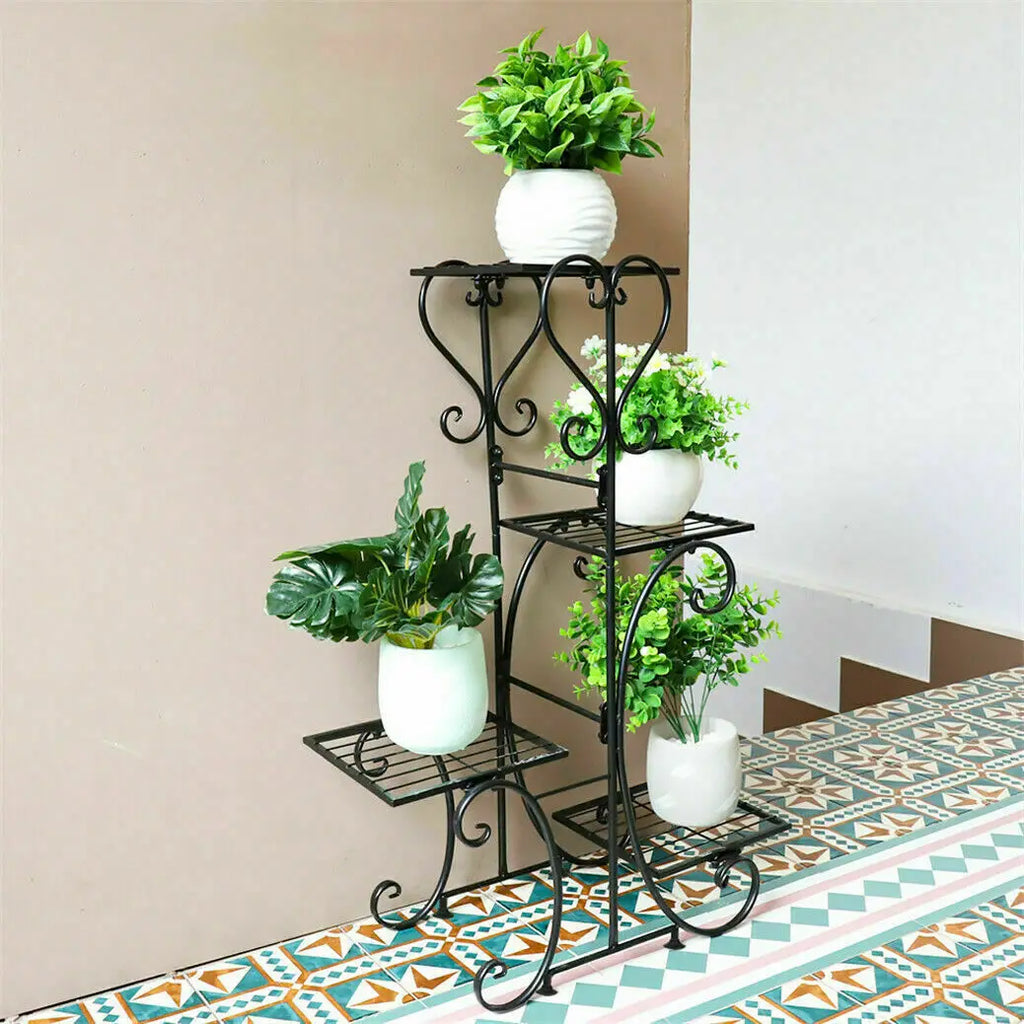 Plant Stand 4 Tier Metal Flower Pot Display Rack Indoor Outdoor Garden Patio Shelf Black 52.5x34.5x93.5cm