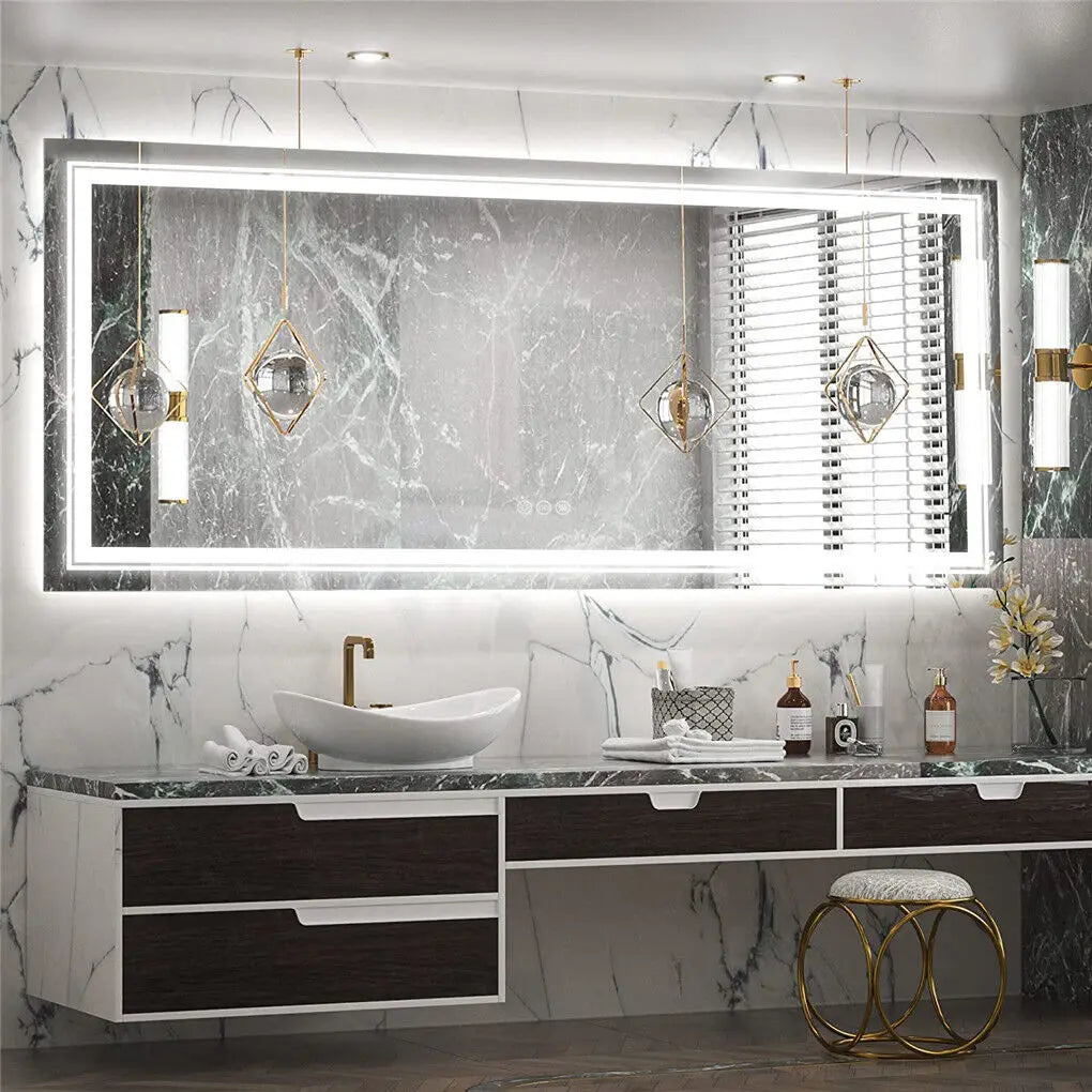 LED Bathroom Mirror Round Touch Screen Waterproof Anti Fog Vanity Mirror Wall Mounted for Wash Basin Shower Grooming 151x78cm