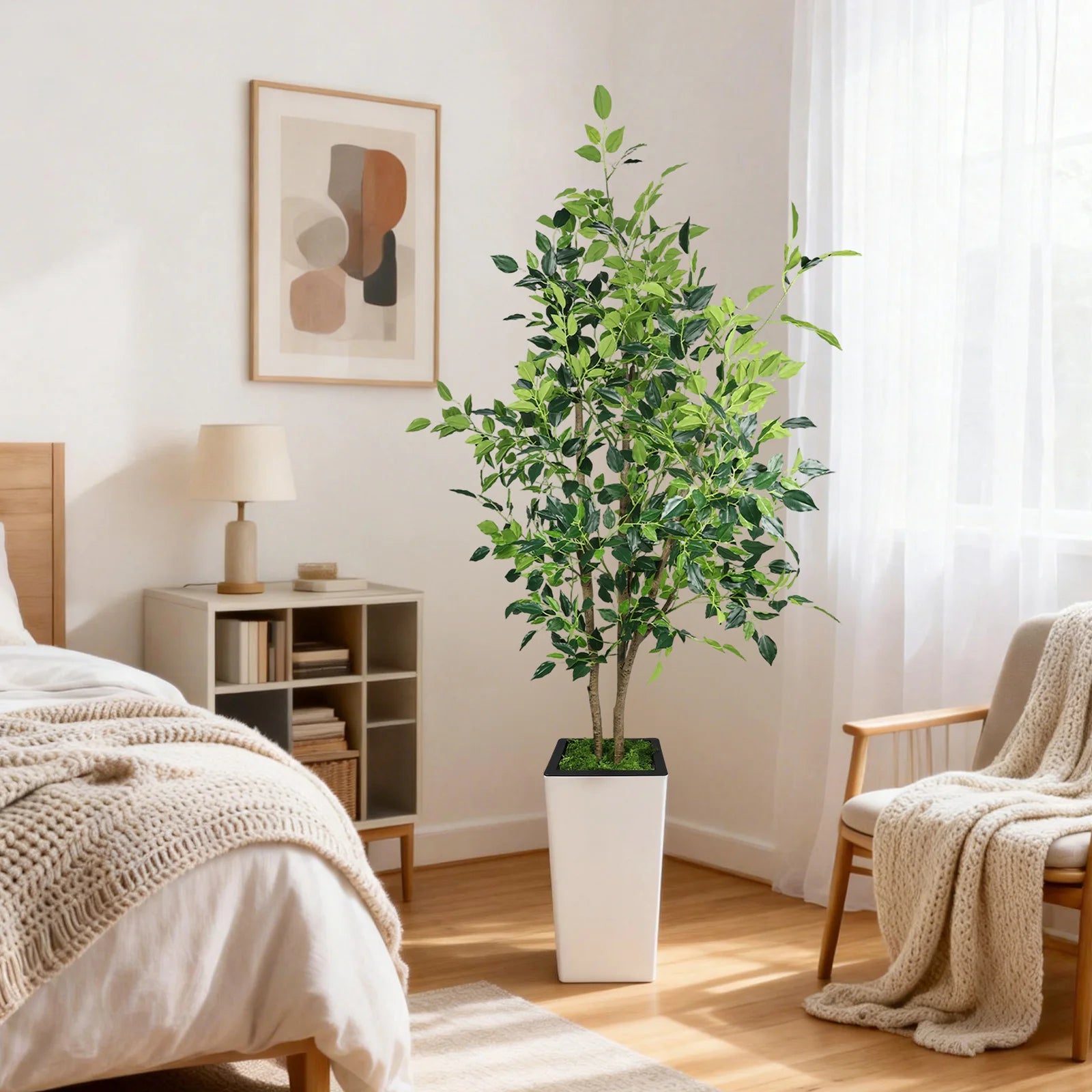 Artificial Ficus Tree 182.9cm Realistic Leaves Indoor Outdoor Plant Decor for Home Office Living Room Decoration White