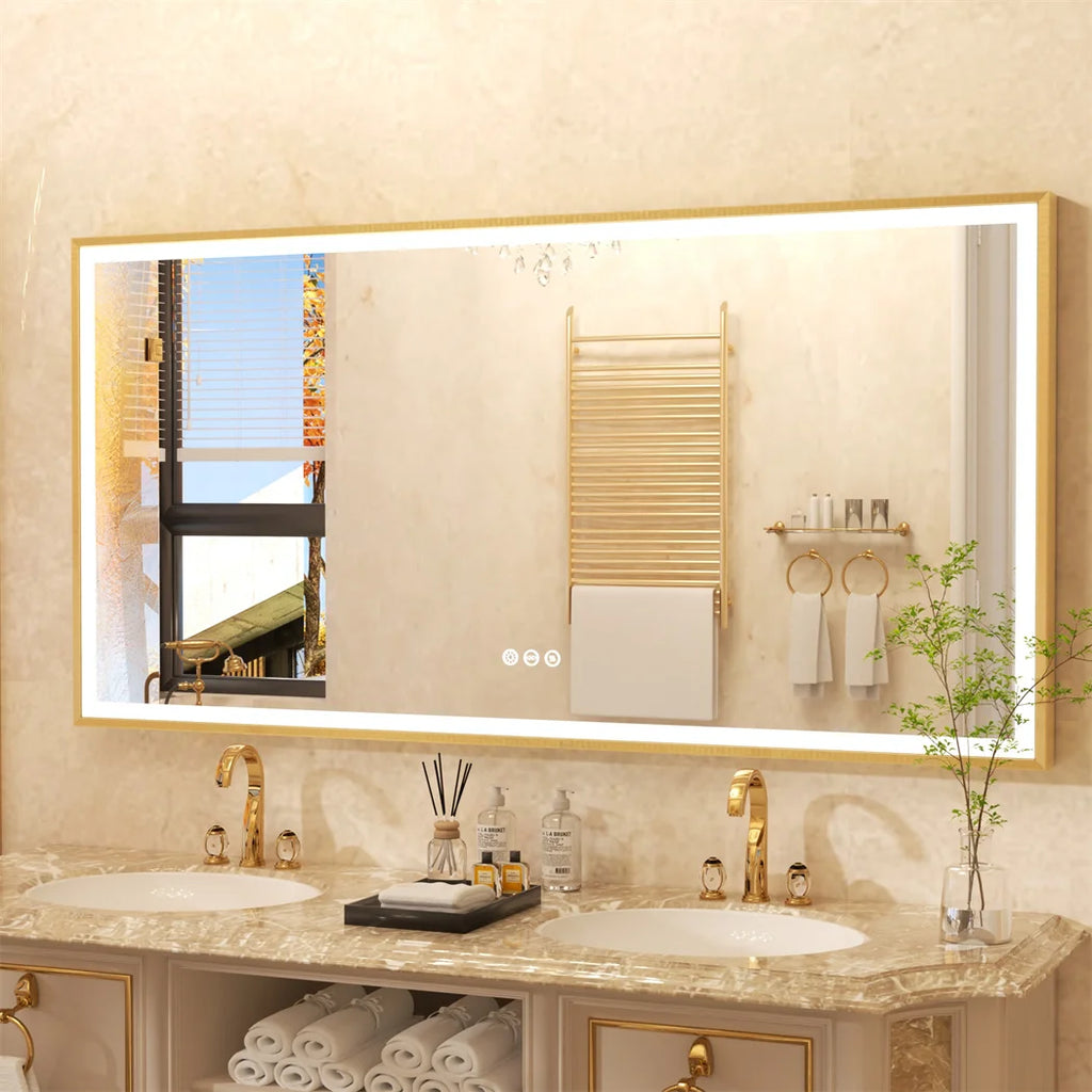 Illuminated LED Bathroom Mirror 60x120cm Gold Frame Anti Fog 3 Color Dimming Wall Mounted Vanity Mirror