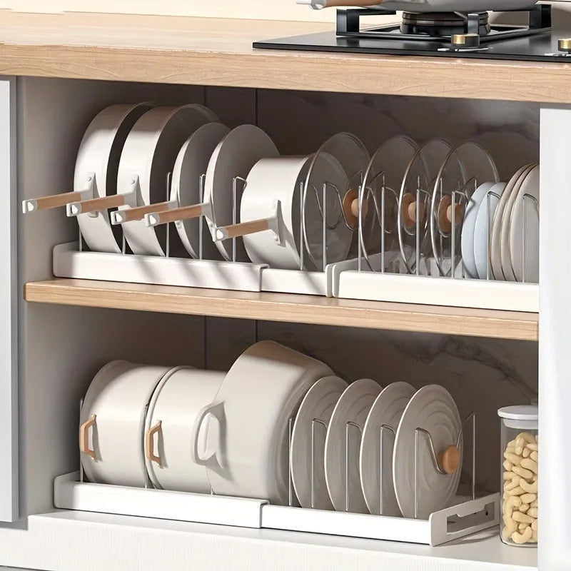 Expandable Kitchen Cabinet Pot Organizer Rack Adjustable Divider Storage Shelf for Pots Pans Cookware Organizer White