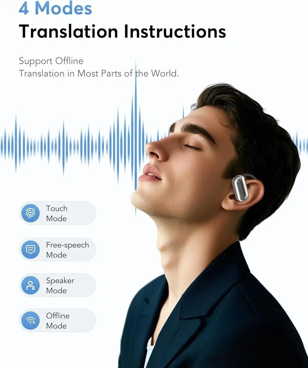 AI Real Time Translator Earbuds 144 Languages & Accents Wireless OWS Headphones 3 in 1 Language Translation Business Black