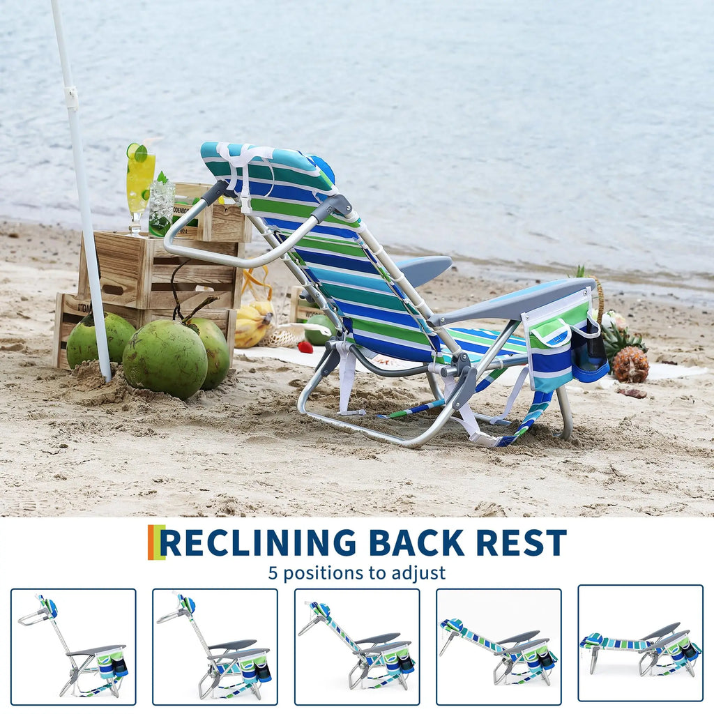 Backpack Beach Chair 2 Pack Folding Reclining Outdoor Lounge Chairs with Cup Holder 5 Position Adjustable 100x64x76cm