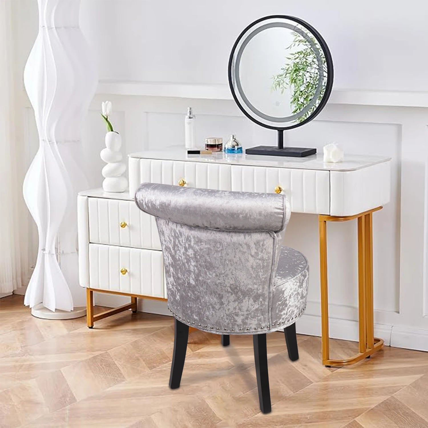 Velvet Vanity Stool Chair 70x48.5cm Padded Accent Chair with Wood Legs Grey Makeup Dressing Stool