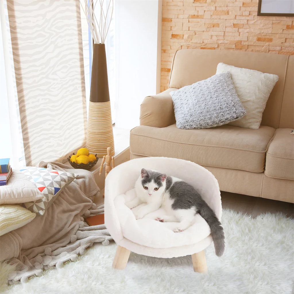 Cat Bed Plush Pet Chair Stool with Cushion and Wood Legs White 41.5x32.8cm