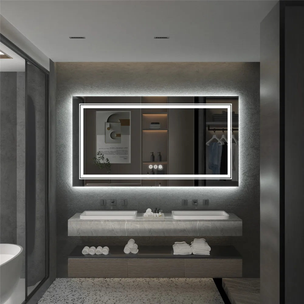 LED Bathroom Mirror Round Touch Screen Waterproof Anti Fog Vanity Mirror Wall Mounted for Wash Basin Shower Grooming 120x80cm