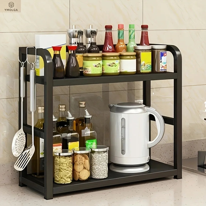 2 Tier Metal Countertop Shelf Kitchen Organizer Coffee Mug Condiment Storage Rack Rustproof Space Saving Black 35 × 14 × 42cm