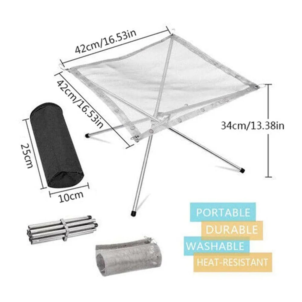 Portable Fire Pit Grill Foldable Stainless Steel Camping BBQ Rack Mesh Bonfire Stand 42x42x34cm