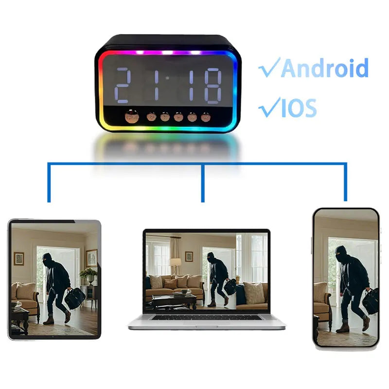 WiFi 6 Security Camera Alarm Clock with RGB Bluetooth Speaker 4K HD Motion Detection Remote Viewing 12x6.03x7.63cm