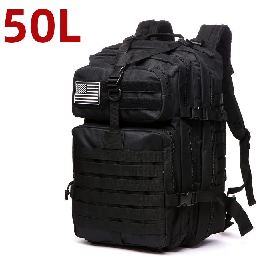 50L Waterproof Tactical Outdoor Backpack Nylon Hiking Camping Trekking Sports Fishing Hunting Rucksack Black 32 × 28 × 48cm
