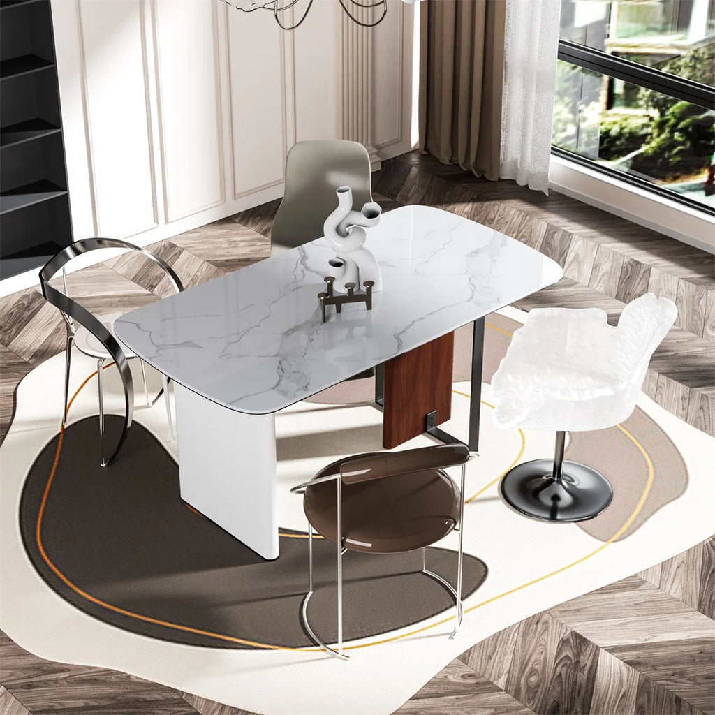 Rectangle Dining Table 160cm 4-6 Seater White Marble Glass Top Walnut Frame Kitchen Dining Table