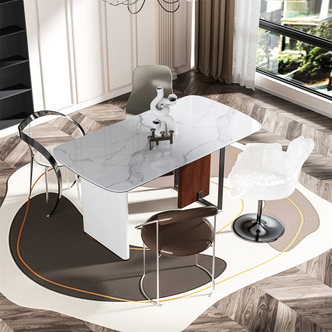 Rectangle Dining Table 160cm 4-6 Seater White Marble Glass Top Walnut Frame Kitchen Dining Table