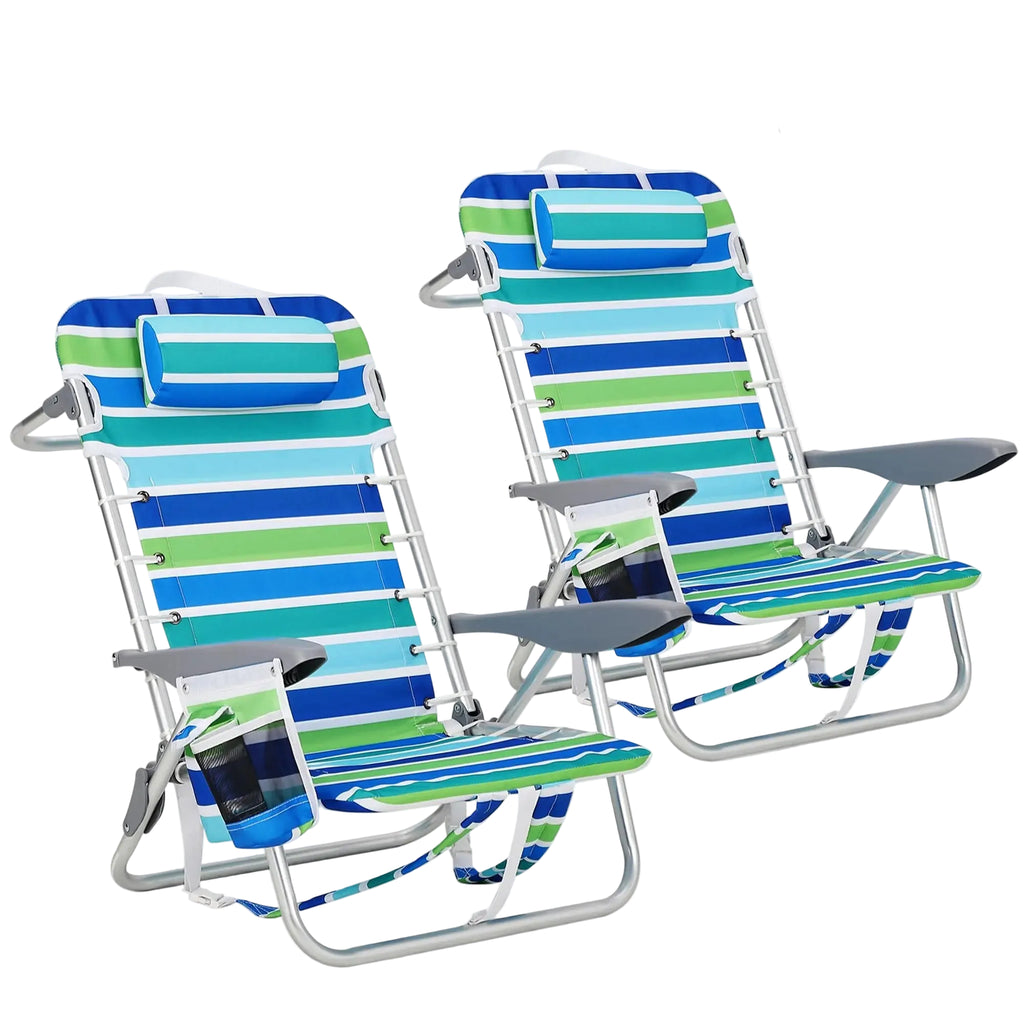 Backpack Beach Chair 2 Pack Folding Reclining Outdoor Lounge Chairs with Cup Holder 5 Position Adjustable 100x64x76cm